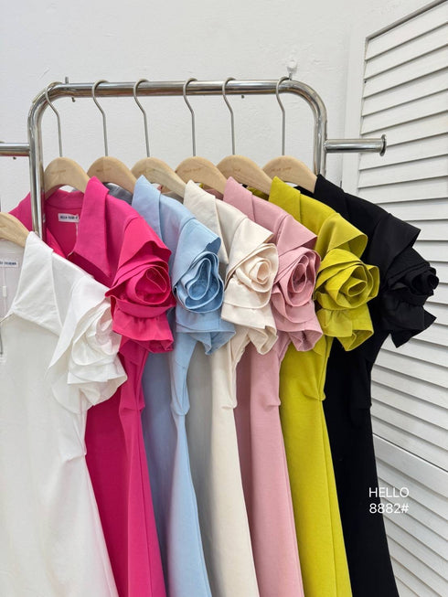 Zipper Collar Down Rose Decor Short Sleeves Mini Dress